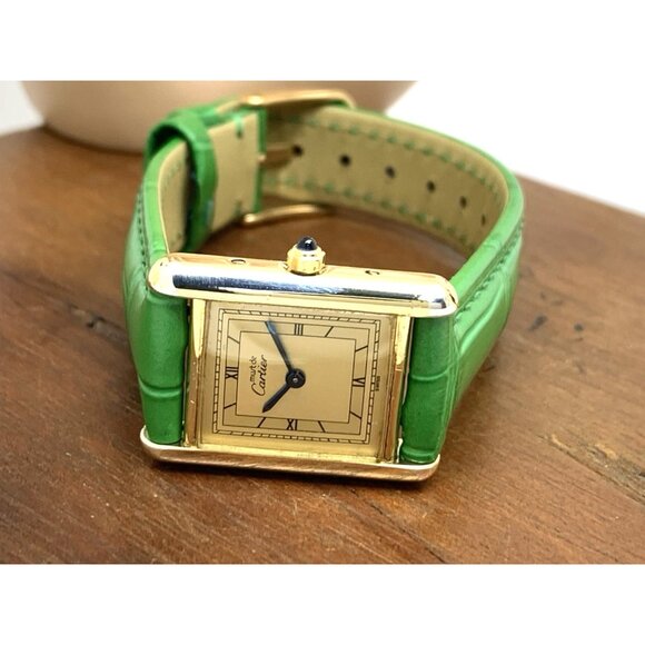 Cartier Must de Tank Women's Watch 366001 Swiss Quartz Gold Green Leather 21mm - Picture 6 of 12